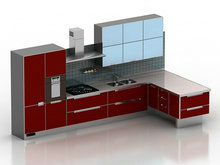 红色整体厨房3D模型
