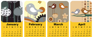 可爱卡通小鸟2010年日历模板矢量图