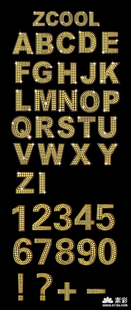 金色钻石英文及数字矢量图 字体艺术字矢量 素彩网