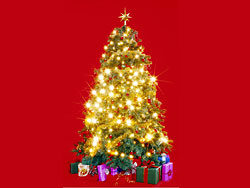 红底灯光闪闪的圣诞树