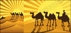 金色沙漠上的骆驼剪影矢量图