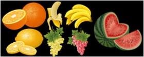 橙子、香蕉、葡萄、西瓜水果矢量图