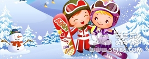 可爱儿童冬日滑雪运动矢量图