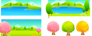 手绘风格季节变换树木风景矢量图2