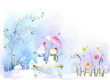 可爱冬天冬季雪娃娃插画风景PSD素材