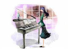 弹钢琴的女孩插画psd素材