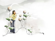 花卉插画与美女PSD素材