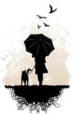 雨伞遛狗人物剪影矢量图