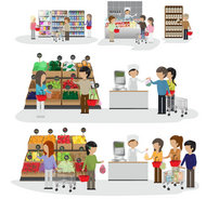 超市购物场景插画矢量图