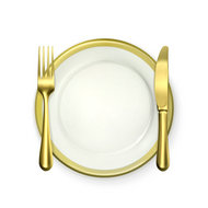 金色餐盘与刀叉矢量图
