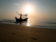 夕阳下海面渔船精美图片