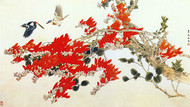 红花喜鹊水墨画PSD图片