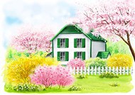花丛中小房子插画PSD图片