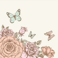 手绘玫瑰与蝴蝶矢量图