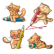 卡通猫咪与铅笔矢量图