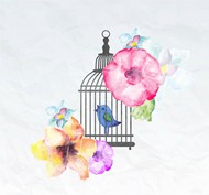 水彩花卉和鸟笼矢量图片