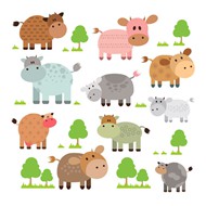 卡通牛和树木矢量图片
