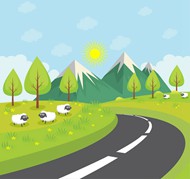 公路风景和绵羊矢量图片