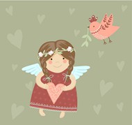 天使女孩和小鸟矢量图片