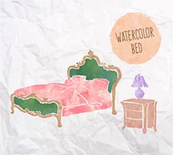 水彩绘床和床头柜矢量图片