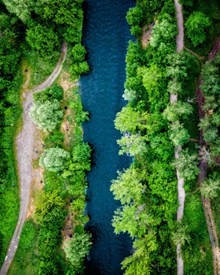 绿色树林和河流鸟瞰图高清图片