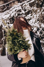 雪地怀抱杉树枝的美女图片大全