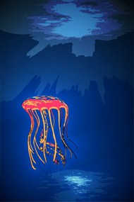蓝色深海水母卡通插画精美图片