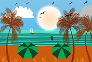 夏天海边沙滩棕榈树卡通插画图片大全