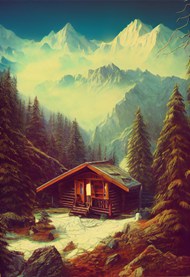 冬季雪山森林小木屋风景插画图片下载