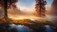 雾气朦胧树林湖泊风景图片