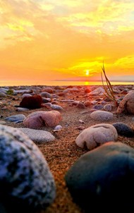 唯美黄昏海岸鹅卵石风景图片下载