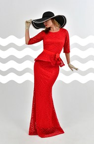 红色蕾丝晚礼服套装美女高清图片