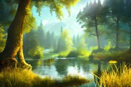 绿色森林湖泊插画风景高清图片