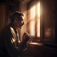 坐在窗户前祷告的男人图片大全