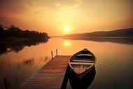 黄昏湖泊小船夕阳美景精美图片