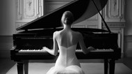 美女弹钢琴背影黑白写真图片