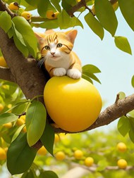 趴在果树上的橙色虎斑猫精美图片