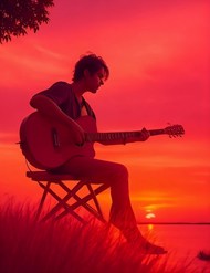 黄昏夕阳红弹吉他帅哥精美图片