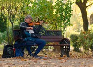 秋天街头艺人坐在公园拉小提琴精美图片
