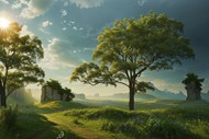 蓝天白云阳光绿色草地树木风景精美图片