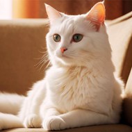 坐在沙发上的可爱小白猫精美图片