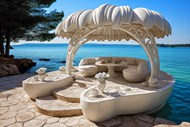 海边度假村石刻遮阳棚座椅写真高清图片