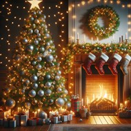 房间内圣诞树壁炉篝火写真精美图片