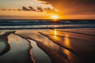 唯美黄昏大海海滩落日余晖高清图片