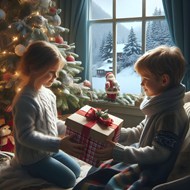 圣诞节小男孩小女孩互送礼物图片大全