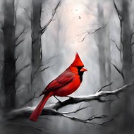 一幅红雀立于冰封之树枝上绘画作品高清图片