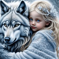 抱着一匹狼的金发碧眼小女孩图片下载