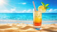 夏日阳光明媚海边沙滩果汁饮料图片下载