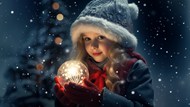 冬季下雪夜小萝莉捧着水晶灯高清图片