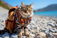 背着背包的可爱缅因猫写真图片